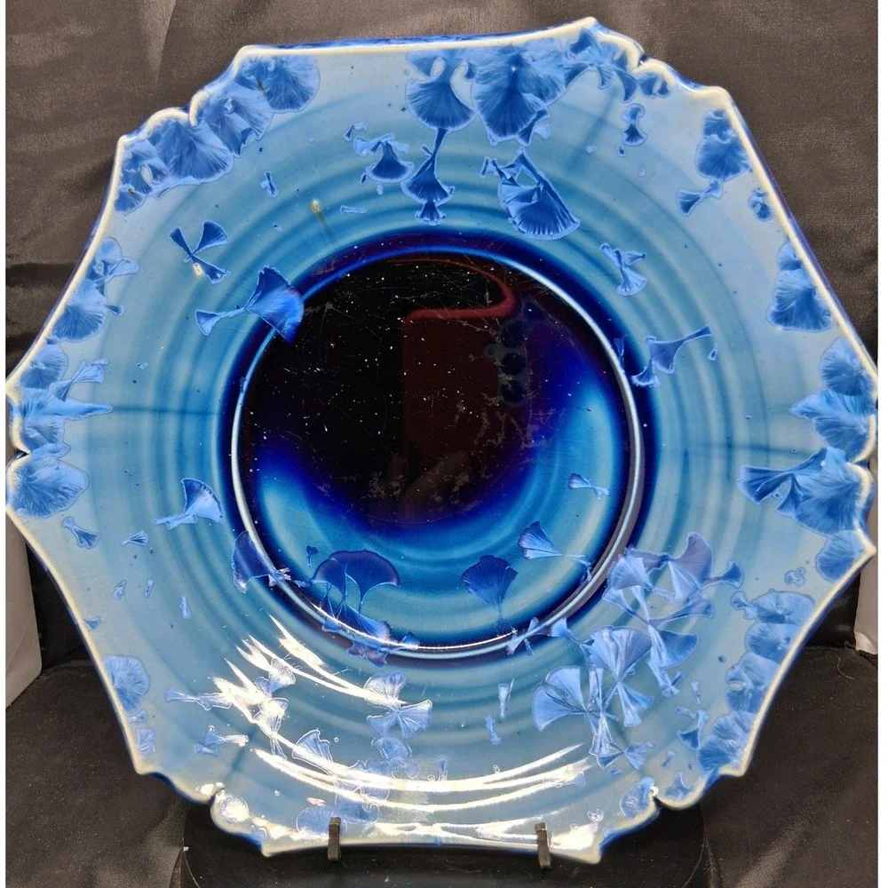 Studio Pottery Crystalline Glaze Blue Scalloped Octagon Plate Signed 9.25 Inch